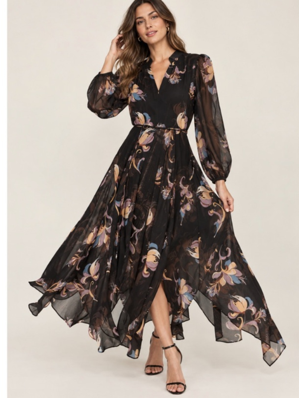White House Black Market belted Black Floral Long-Sleeve Chiffon Maxi Dress New